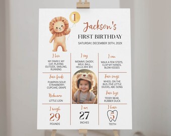 EDITABLE Lion 1st Birthday Photo Milestone Board, Lion Party Decor Milestone Poster, Wild One Birthday Sign, Printable. L006
