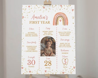 EDITABLE Boho First Birthday Milestone Photo Sign, Boho Rainbow One Year Of Baby Poster, Girl 1st Birthday Board, Instant Download M009
