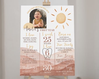 EDITIERBARE Erste Reise um die Sonne Meilensteintafel, Sonnenschein 1. Geburtstag Zeichen, Boho Sun Geburtstag Meilenstein Poster, druckbare Vorlage. S005