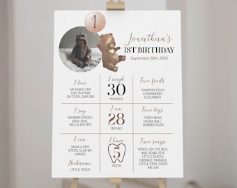 Póster editable de primer cumpleaños de Beary, letrero con foto de osito de peluche, tablero de estadísticas para fiesta de oso marrón bohemio, descarga instantánea. B009