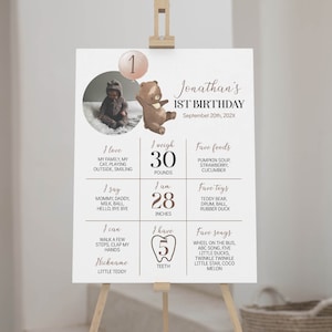 EDITIERBARE Bärchen Erster Geburtstag Meilenstein Poster, Teddybär Foto Meilenstein Schild, Boho Braunbär Party Stats Board, Sofort Download. B009