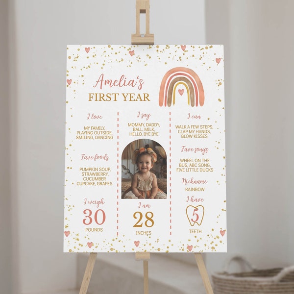 EDITABLE Boho First Birthday Milestone Photo Sign, Boho Rainbow One Year Of Baby Poster, Girl 1st Birthday Board, Instant Download M009