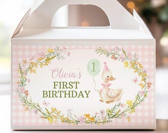 EDITABLE One Silly Goose Gable Gift Box Label, Girl 1st Birthday Party Favor Labels, Printable Template. G008