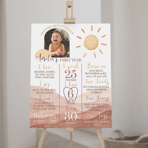 EDITABLE First Trip Around The Sun Milestone Board, Sunshine 1st Birthday Sign, Boho Sun Birthday Milestone Poster, Printable Template. S005