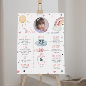 Letrero de primer cumpleaños con diseño de arcoíris y sol editable, póster de hito de primer cumpleaños estilo bohemio, tablero de fotos de cumpleaños, plantilla imprimible. #R003