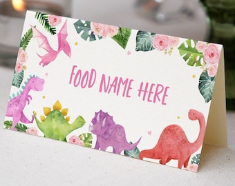 Segnaposto da tavolo modificabile per festa di compleanno a tema dinosauri, etichetta per cibo per baby shower a tema dinosauri per bambina, segnaposto decorativi per feste a tema dinosauri, modello stampabile D006