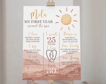 EDITIERBARE Erste Reise um die Sonne Meilensteintafel, Sonnenschein 1. Geburtstag Zeichen, Boho Sun Geburtstag Meilenstein Poster, druckbare Vorlage. S005