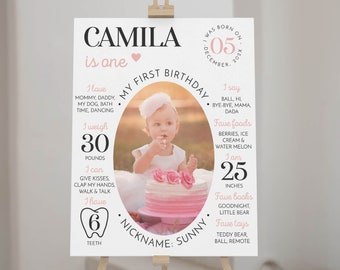 EDITABLE First Birthday Milestone Sign, Modern Photo 1st Birthday Milestone Poster, One Year Baby Milestone Board, Printable Template. #M004