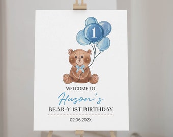 EDITIERBARE Beary Erster Geburtstag Willkommensschild, Teddybär Geburtstag Dekor, Moderne Blauer Bär Erster Geburtstag Party Schild, druckbare Vorlage. #T004