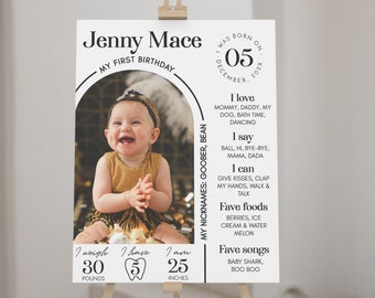 EDITABLE First Birthday Milestone Sign, Modern 1st Birthday Milestone Poster, One Year Photo Baby Milestone Board, Printable Template. #M004