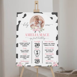 Panneau photo floral MODIFIABLE, affiche de la vache sacrée, je suis un jalon, planche de premier anniversaire vache de la ferme pour fille, modèle imprimable. #C004