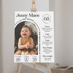 EDITABLE First Birthday Milestone Sign, Modern 1st Birthday Milestone Poster, One Year Photo Baby Milestone Board, Printable Template. #M004