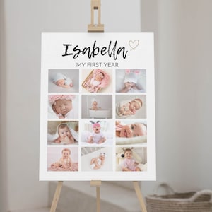 Collage de fotos editable del primer año, póster del primer año del bebé, impresión de fotos de 12 meses, marco de fotos moderno para el primer cumpleaños, plantilla imprimible M004