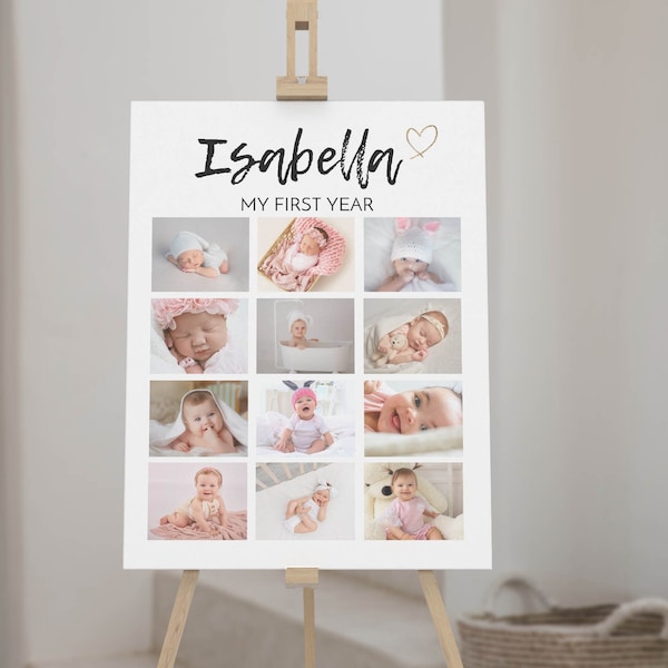 Editable First Year Photo Collage, Baby First Year Poster, 12 Months Picture Print, Modern 1st Birthday Photo Frame, Printable Template M004
