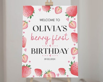 EDITABLE Strawberry Birthday Party Welcome Sign, Strawberry First Birthday Party Sign, Berry Sweet Birthday Decor, Printable Template. S008