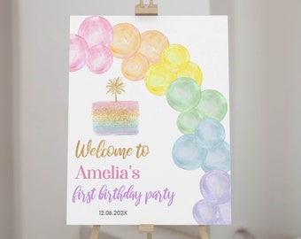 EDITIERBARE Pastell Regenbogen Willkommensschild, Regenbogen Geburtstagsschild, Pastell Regenbogen Partydekoration, 1. Geburtstag Mädchen, printable Vorlage P010