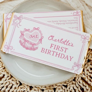 EDITABLE Pink Coquette Bow Party Chocolate Wrapper, Pink Bow Girl Birthday Candy Bar Wrapper, Vintage Party Favors, Printable Template. C014