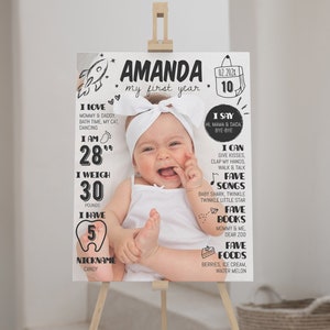Pode incluir: Um cartaz de marcos brancos para um beb&eacute; chamado Amanda, com uma fotografia central de uma crian&ccedil;a a usar uma fita branca. O quadro inclui texto preto e ilustra&ccedil;&otilde;es desenhadas &agrave; m&atilde;o detalhando marcos como 28 polegadas e 30 libras.