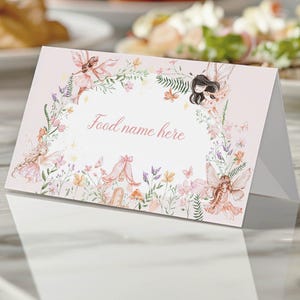Tarjeta editable de carpa para comida de cumpleaños de hadas, tarjeta con nombre para comida de fiesta de hadas, etiquetas de comida de hadas, decoración para fiesta de primer cumpleaños de niña, descarga instantánea. F023