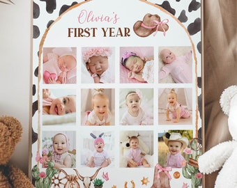 Editable Cowgirl 1st Birthday Photo Collage, 12 Month Photo Print, My First Rodeo Birthday Collage, Rodeo First Year Poster, Printable. C011