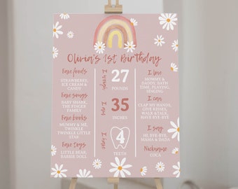 EDITIERBARE Gänseblümchen Erster Geburtstag Meilenstein Zeichen, Boho Regenbogen Ein Jahr Baby Poster, Wild eine Gänseblümchen 1. Geburtstag Tafel, Sofort Download D004