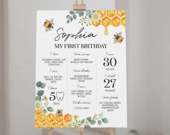 EDITABLE Bee First Birthday Milestone Sign, First Bee Day Milestone Poster, Honey Bee 1st Birthday Party Decor, Printable Template. B002
