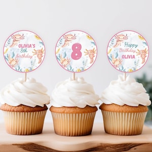 Editable Axolotl Birthday Cupcake Toppers, Axolotl Birthday Party Decoration, Cute Axolotl Birthday Party Topper, Printable Template. A009