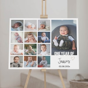 Collage photo modifiable pour la première année, affiche de la première année de bébé, impression photo 12 mois, cadre photo moderne pour 1er anniversaire, modèle imprimable M004