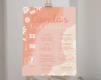 EDITIERBARE Gänseblümchen erster Geburtstag Meilenstein Zeichen, Boho One Year Baby Geburtstag Poster, Retro Gänseblümchen 1. Geburtstag Tafel, druckbare Vorlage. D003