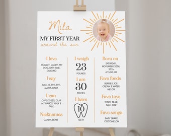 EDITIERBARE Sonnenschein 1. Geburtstag Meilenstein Zeichen, moderne Sonnenschein Meilenstein Poster, erste Reise um die Sonnentafel, druckbare Vorlage. #S005