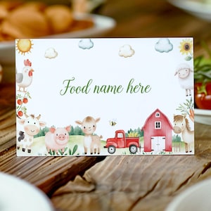 Cartes modifiables de tente de nourriture de fête d'anniversaire de ferme, cartes de nom de nourriture d'anniversaire de basse-cour, décorations de fête d'anniversaire de ferme, modèle imprimable. A011