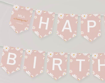 Editable Daisy 1st Birthday Banner, Daisy Birthday Party Banner, Girl 1st Birthday Decoration, Garden Party, Customizable Template. D003