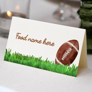 BEWERKBARE voetbal partij eten tentkaart, sport verjaardag eten naamkaart, voetbal verjaardagsdecoratie, instant download. F009
