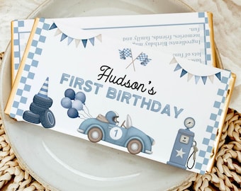 EDITABLE Race Car Birthday Boy Chocolate Wrapper, Boy 1st Birthday Candy Bar Wrapper, Fast One Party, Printable Template. R016