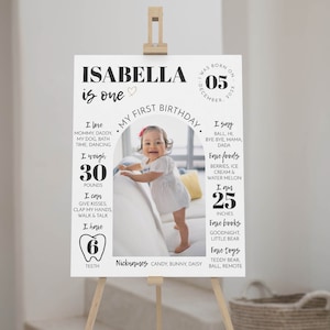 Panneau MODIFIABLE pour le premier anniversaire, affiche photo moderne pour le premier anniversaire, tableau pour bébé d'un an, modèle imprimable. #M004