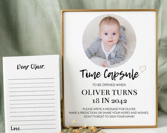 Modern 1st Birthday Time Capsule, Baby Time Capsule Sign, Simple Photo 1st Birthday Decor, Instant Download, Printable Template. M004