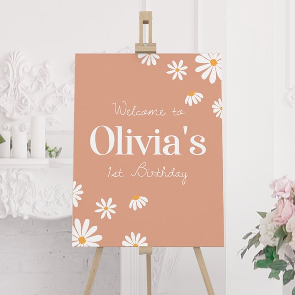 EDITABLE Daisy Birthday Party Welcome Sign, Daisy Birthday Decoration, Boho First Birthday Party Sign, Customizable Printable Template. D003
