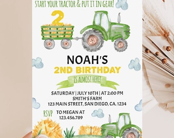 EDITABLE Tractor Birthday Invitation, Green Tractor Invitation, Boy 2nd Birthday Invite, Farm Birthday Invitation, Instant Download. #T003