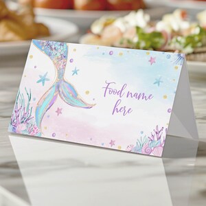Carte de tente de nourriture de fête de sirène MODIFIABLE, sous la carte de nom de fruits de mer, décorations d'anniversaire de sirène, téléchargement immédiat, imprimable. M010