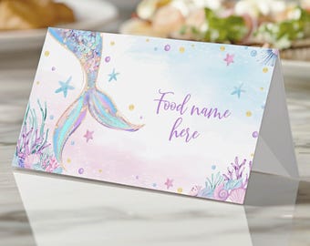 EDITABLE Mermaid Party Food Tent Card, Under The Sea Food Name Card, Mermaid Birthday Decorations, Instant Download, Printable. M010