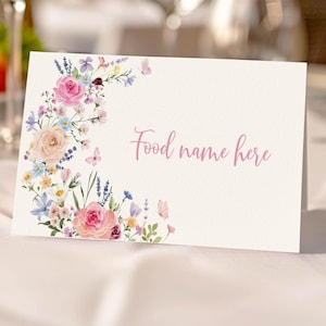 Cartão EDITÁVEL com barraca de comida de aniversário com flores silvestres, cartão de nome com comida floral boho, cartão de buffet floral, decoração para festa no jardim, modelo para impressão. W019