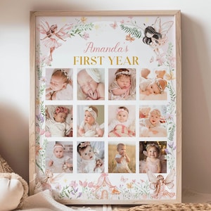 Panneau modifiable de photo de premier anniversaire de fée, affiche de première année de bébé, collage de photos mensuel de 1er anniversaire, modèle imprimable. F023