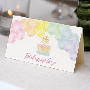 Cartão de barraca de comida arco-íris pastel EDITÁVEL, cartão de nome de comida de festa pastel, etiquetas de comida arco-íris, decoração de festa de aniversário boho, download instantâneo P010