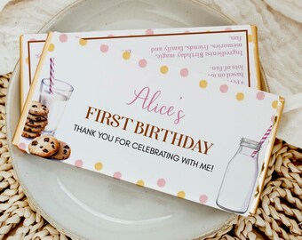 EDITABLE Milk and Cookies Birthday Chocolate Wrapper, Girl First Birthday Candy Bar Wrapper, One Sweet Cookie Birthday, Printable. C010