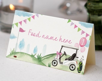 Tarjeta de presentación editable para comida de cumpleaños de golf, tarjeta con nombre de comida de cumpleaños "Hoyo en uno", etiqueta de comida para fiesta de cumpleaños con temática de golf, plantilla imprimible. #G001