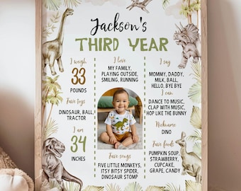 May include: A printable dinosaur-themed third birthday sign featuring a photo of a baby boy. The sign includes the baby's name, age, weight, height, favourite toys, songs, foods, and things they can do.
