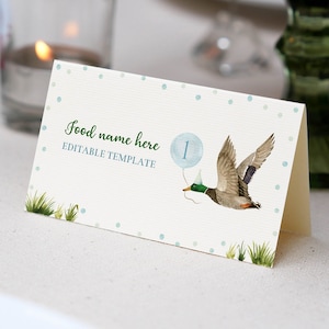 Tarjeta editable de comida para fiesta de un Pato de la Suerte, tarjeta con nombre de comida de cumpleaños de un Pato de la Suerte, decoración de cumpleaños para niño, imprimible. L007