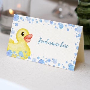 EDITIERBARE Gummi Enten Party Food Zelt Karte, Gelbe Ente Geburtstag Essen Namenskarte, Jungen Geburtstag Dekoration, Printable. D008
