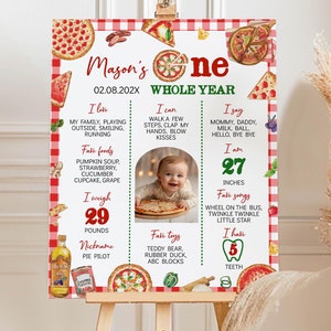 EDITIERBARE Pizza Party Meilensteintafel zum ersten Geburtstag, Kinderpizza-Meilensteinfotoposter, Pizza-Party-Meilensteinschild, druckbares Schild. P016