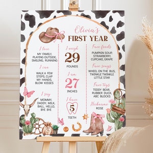 Panneau MODIFIABLE Mon premier jalon de rodéo, affiche d'étape importante pour le 1er anniversaire de cow-girl, planche de premier anniversaire du Far West, modèle imprimable. C011